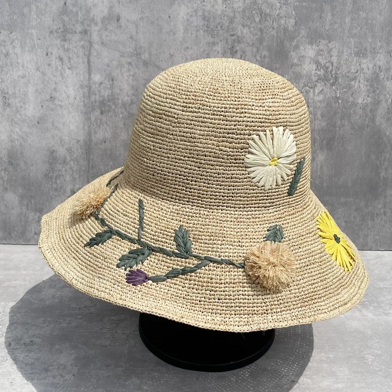 Women's Summer Embroidered Raffia Foldable Wide Brim Bucket Sun Protection Hat