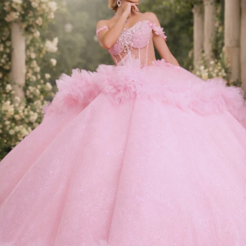 

Pink Shiny Quinceanera Dresses Ball Gown Off The Shoulder Applique Beading Crystal Tiered Tull Sweet 16 Dress Vestidos 15 De