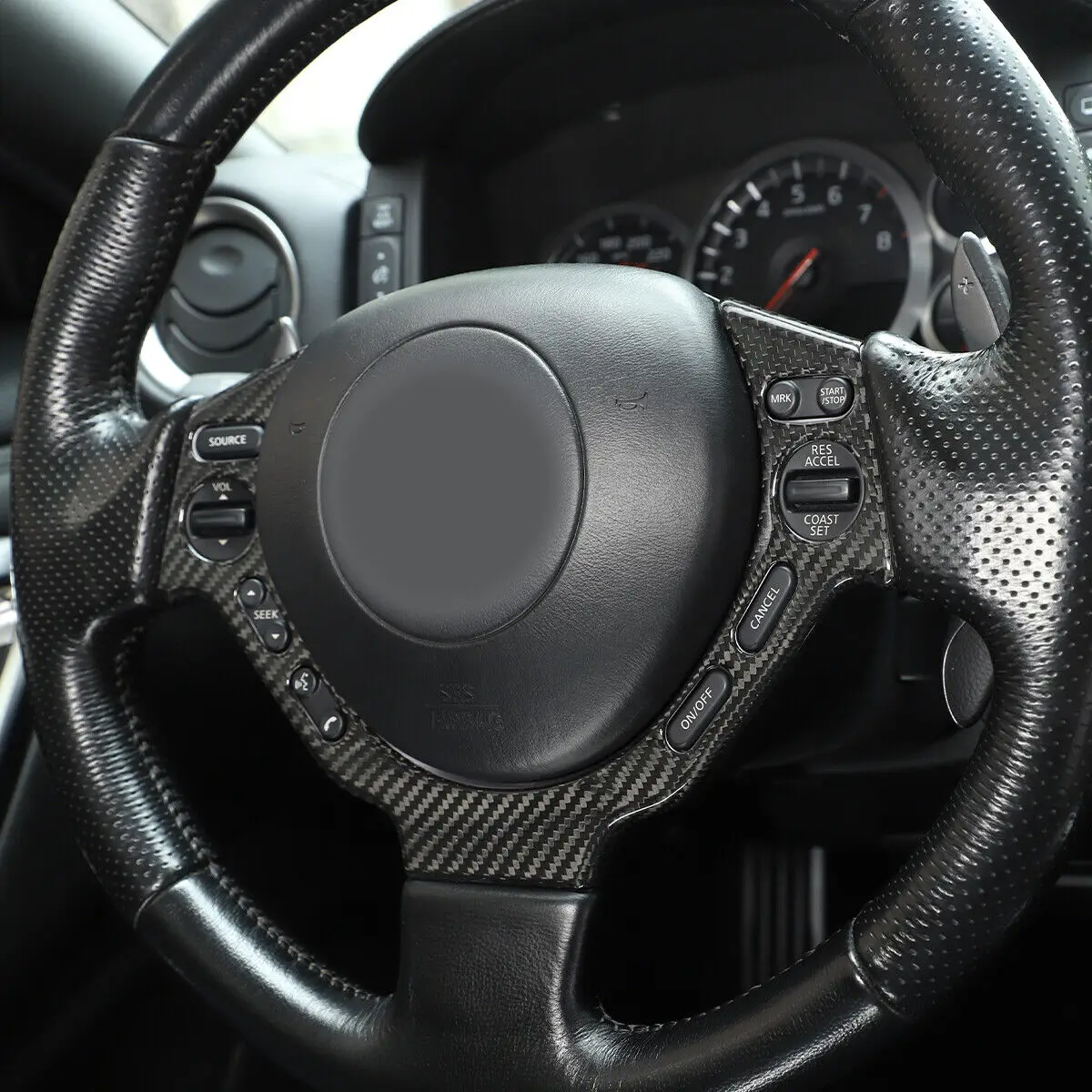 Real Carbon Fiber Steering Wheel Button Frame Decorative Cover Fit For Nissan GTR R35 2008-2016