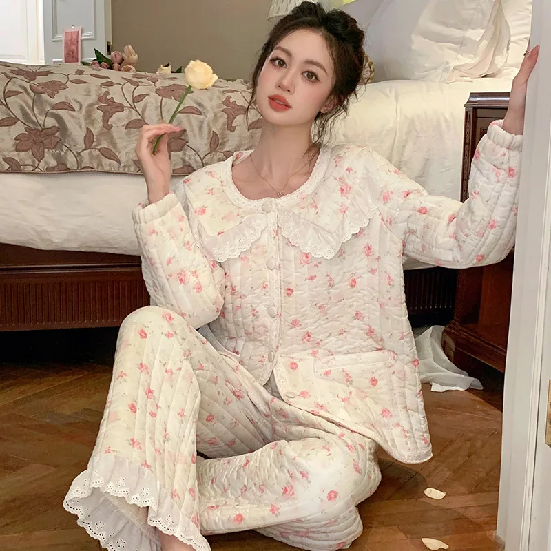 SXTHAENOO 2024 Winter Warm Pajamas Set For Women Cardigan Flowers Sleepwear Lace Thickening Nightwear Button Pyjama Homewear