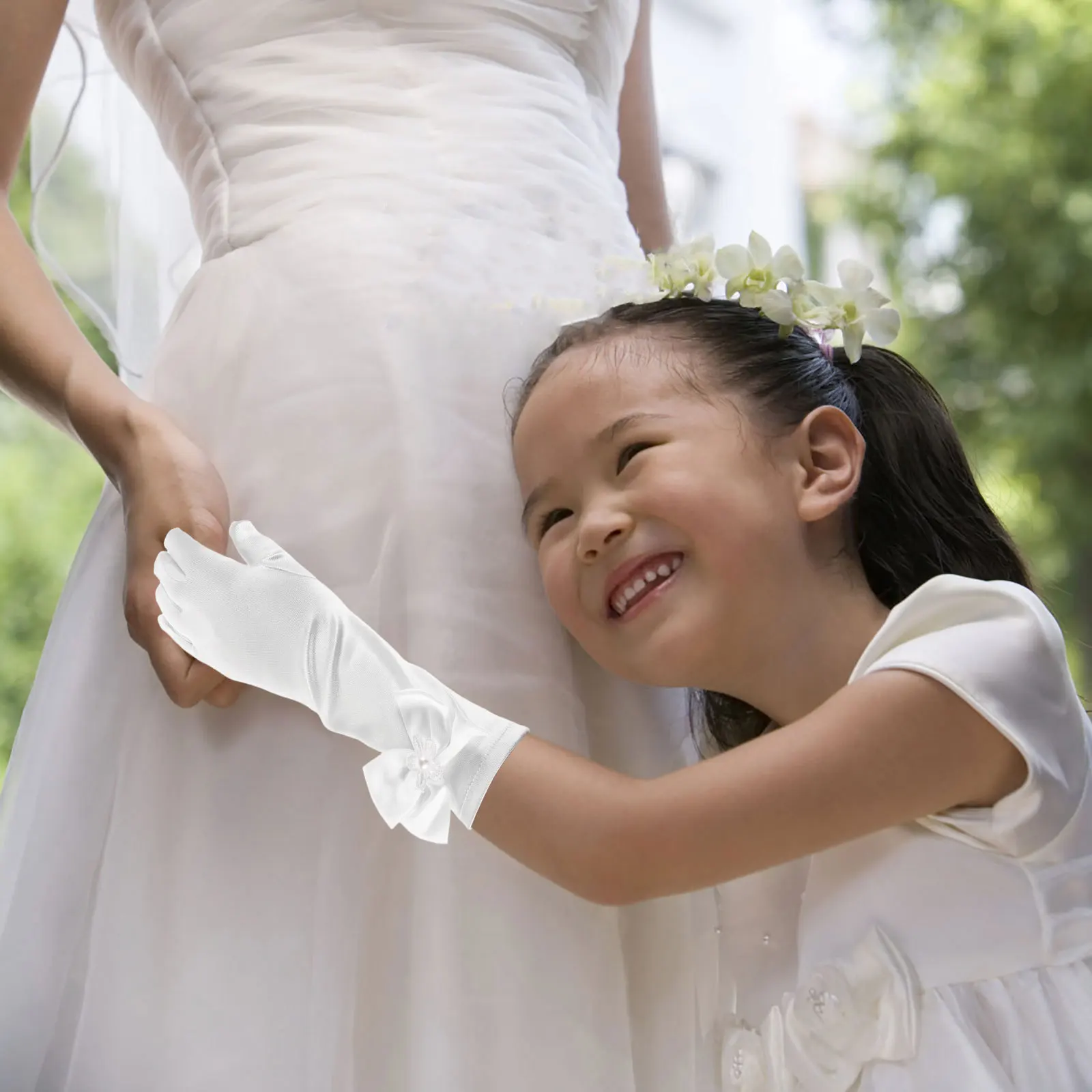 1 زوج قفازات الأطفال الرسمية للفتيات القوس الساتان زهرة فتاة فستان أطفال اكسسوارات الزفاف الشاي حفلة الأميرة ارتداء