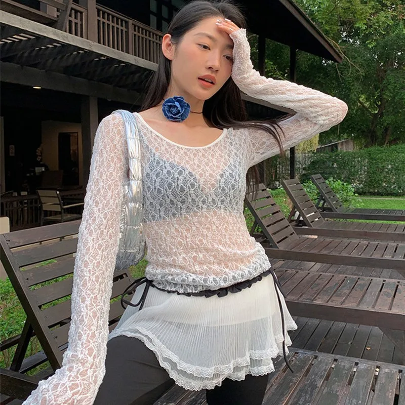 Tonngirls Vintage Lace T Shirt Women See Through Fairycore Tee Tops Korean Style Streetwear White Tshirts Summer Beach Wear Tops