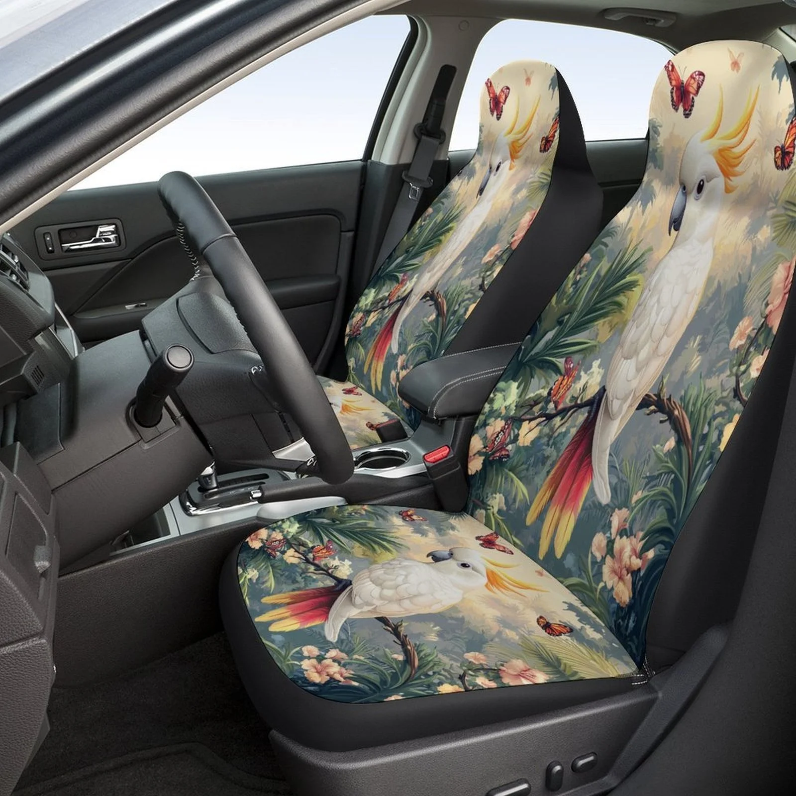Tropical Parrot And Butterflies Themed Car Seat Cover Set For Most Cars, Fashion Personalized Novelty Car Seat Protector Covers