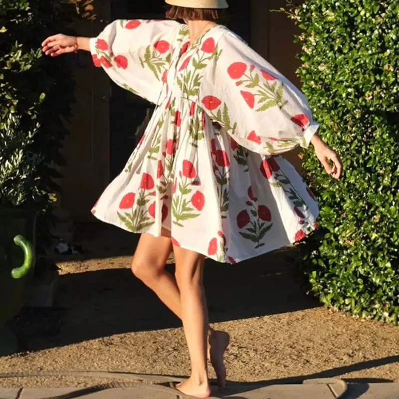 Combhasaki Damen Y2K Boho Loungewear Modische Loose Fit Ästhetischer Blumendruck Puff Langarm Kurzes Minikleid Streetwear