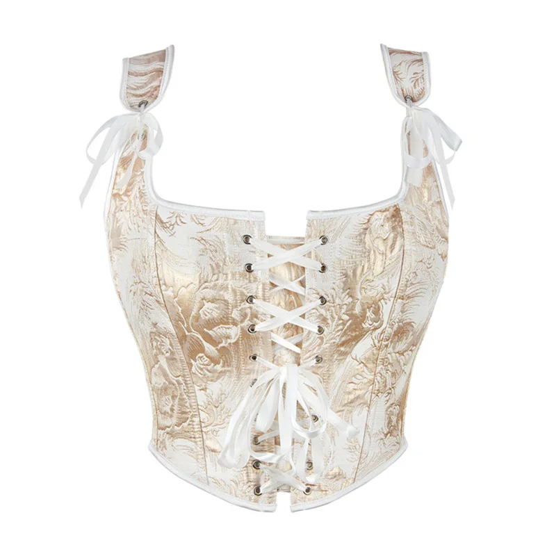 Gold Embroidery Crop Top Corset Wholesale Women Overbust Bustier with Shoulder Straps Brocade Corselet Crop Top En Corset