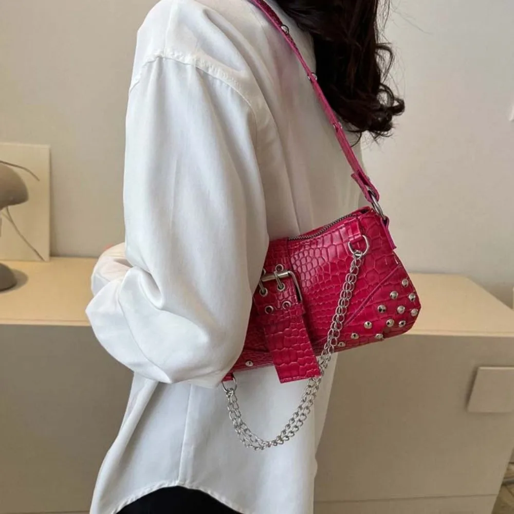 

Y2K Crocodile Underarm Bag Korean Style Solid Color PU Rivet Chain Handbag Waterproof Large Capacity Texture Shoulder Bag Daily