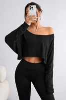 Spring 2025 Women's Loose Collar Base Fashion Crop T-Shirt Long Sleeve Casual Comfortable Line Neckline Solid Short Top 6