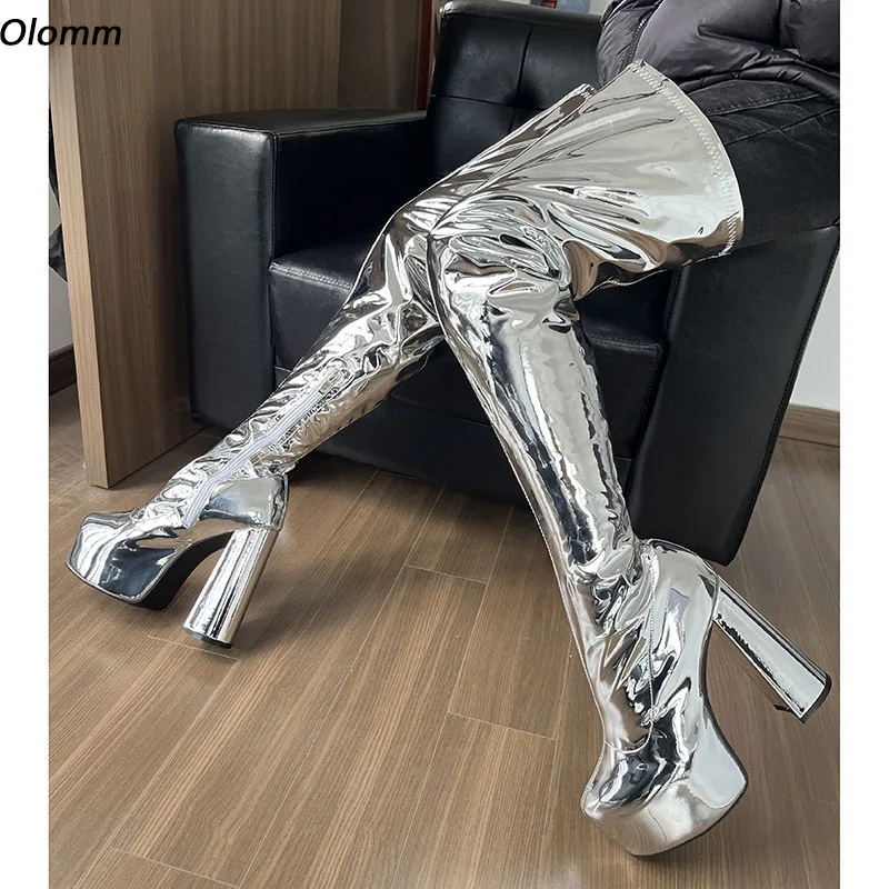 Женские сапоги-ботфорты ручной работы Olomm, весенние лакированные сапоги на высоком блочном каблуке с круглым носком, золотистые, серебристые, для косплея, большие размеры 5-20
