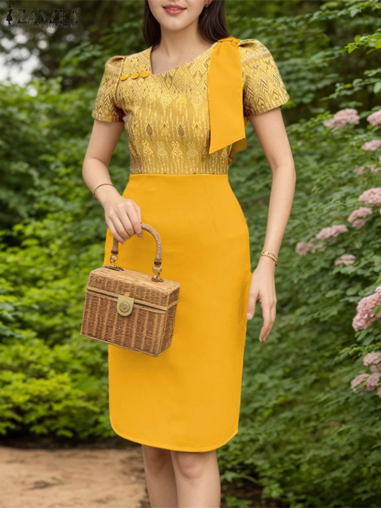 ZANZEA Abito da festa elegante da donna 2025 Abiti stampati alla moda Estate Manica a sbuffo Slim Fit Lavoro Vestito estivo Patchwork Abiti Robe