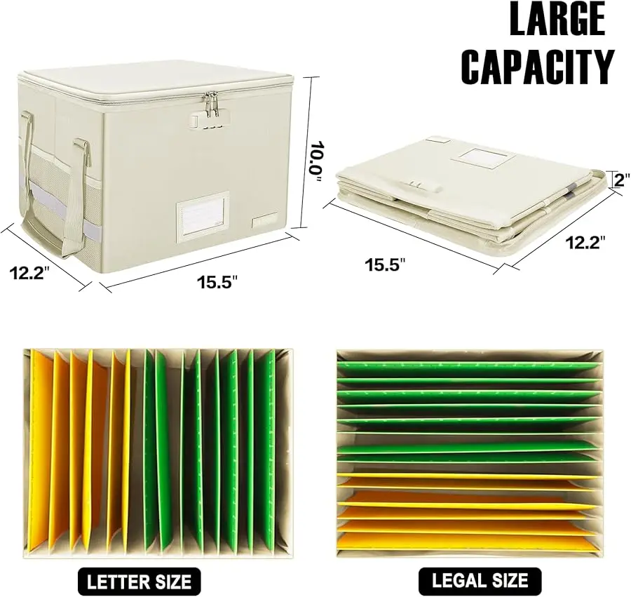Archiefdoos met slot, brandwerende documentendoos met ritssluiting, opvouwbare archiefkast voor archiefkast met handgrepen, draagbaar
