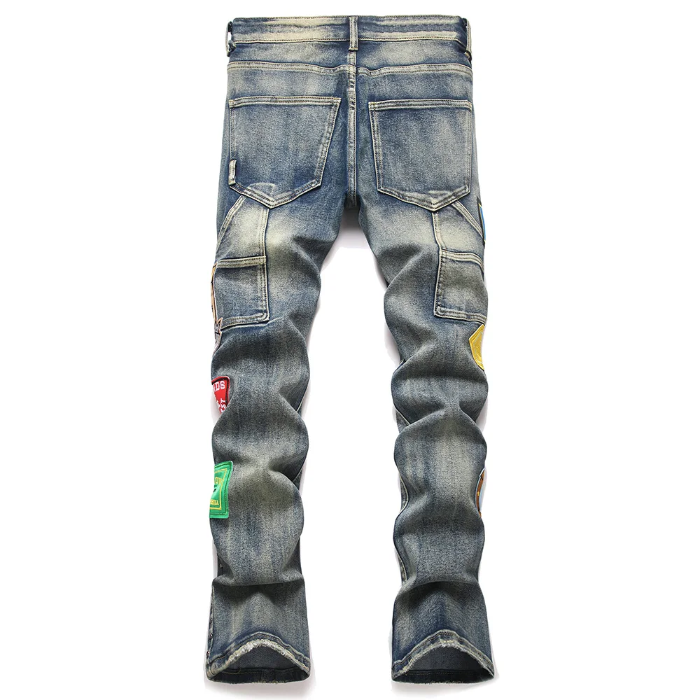 Men's Badge Patch Boot Cut Jeans Rivet Vintage Retro Blue Stretch Denim Pants Streetwear Slim Flared Trousers view 2