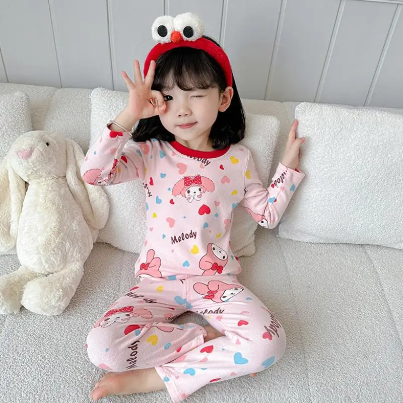 New Toddler Kids Pajamas Suit Sanrio Kuromi Hello Kitty Kawaii Girl Cotton Four Seasons Lounge Clothes Two Piece Set Cartoon