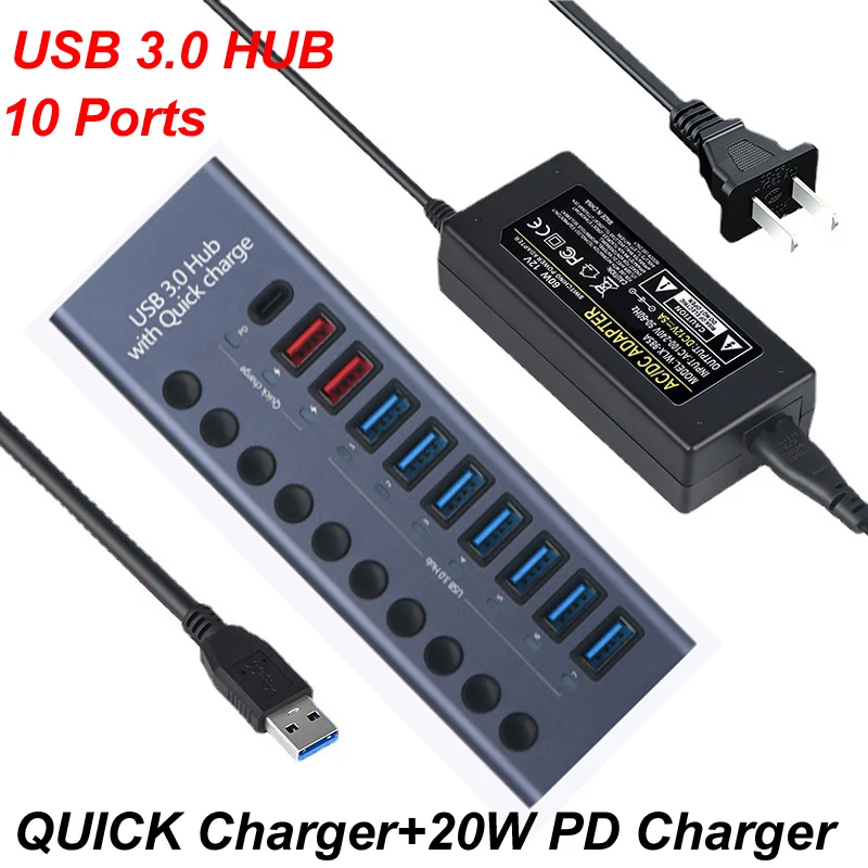 expansor adaptador divisor de velocidade usb 30 hub pd 20w carregador qc 30 12v 5a alimentacao ac teclado mouse pc ph 10 portas 01