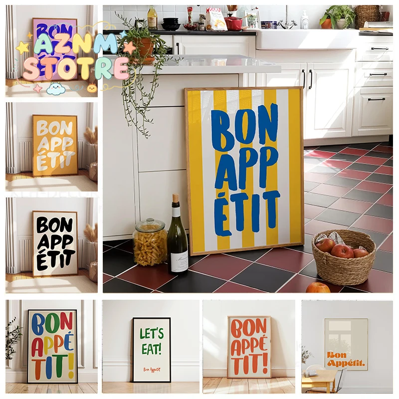 Bon appetit amarelo branco listrado cozinha impressão meados do século citação francesa arte da parede cartazes para salas de estar modernas casa dezembro