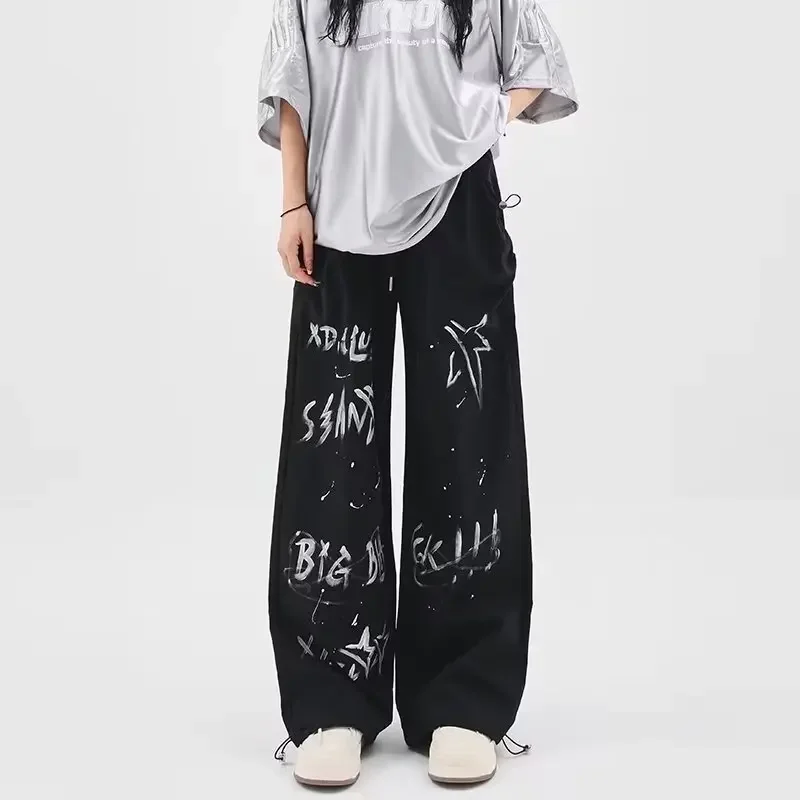 Summer 2024 New Women Thin Straight Hanging Strap Floor Pants High Street Chic Design Folded Wide Leg Casual Hip Hop Pants