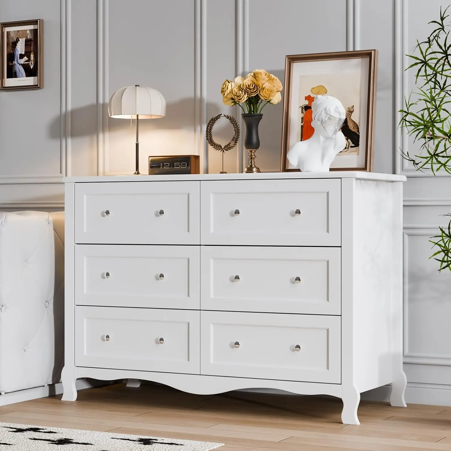 

Белый комод с 6 ящиками, деревянный комод, комод для одежды для спальни с изогнутыми ножками и рифленым ящиком спереди