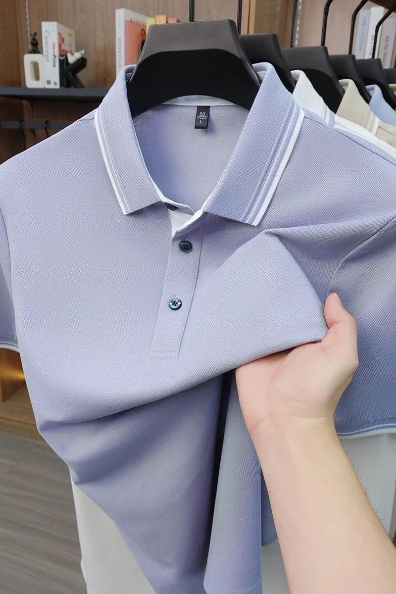 2026 Summer New Style Mulberry Silk Men's Polo Shirt Short Sleeve Iron-Free Collar Solid Color Casual T-Shirt