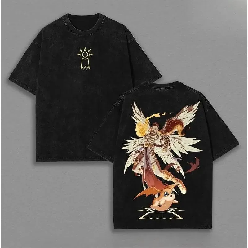 Camiseta Angemon Digimon Adventure, Estilo Anime Vintage, Lavada, Talla Grande, Unisex, Manga Corta, Algodón