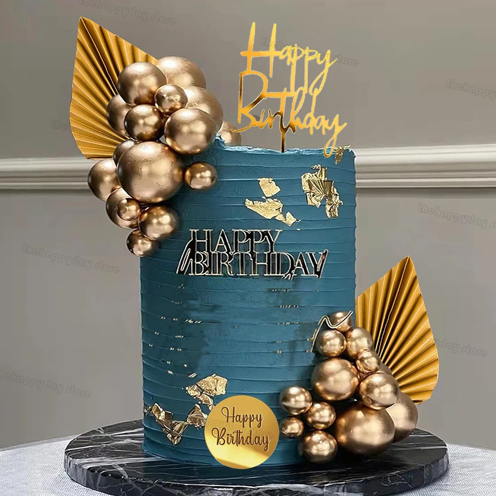 

1Set Metal Gold Balls Cake Toppers Palm Leaves Happy Birthday Cake Decorations for 30th 50th Man Birthday Wedding Cake Decor