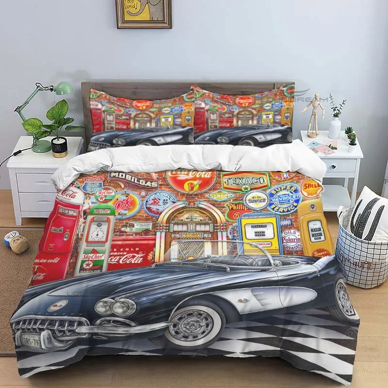 Car Hotel Cola Shop Patterns Comforter Bedding Set,Duvet Cover Bed Set Quilt Cover Pillowcase,King Queen Size Bedding Set