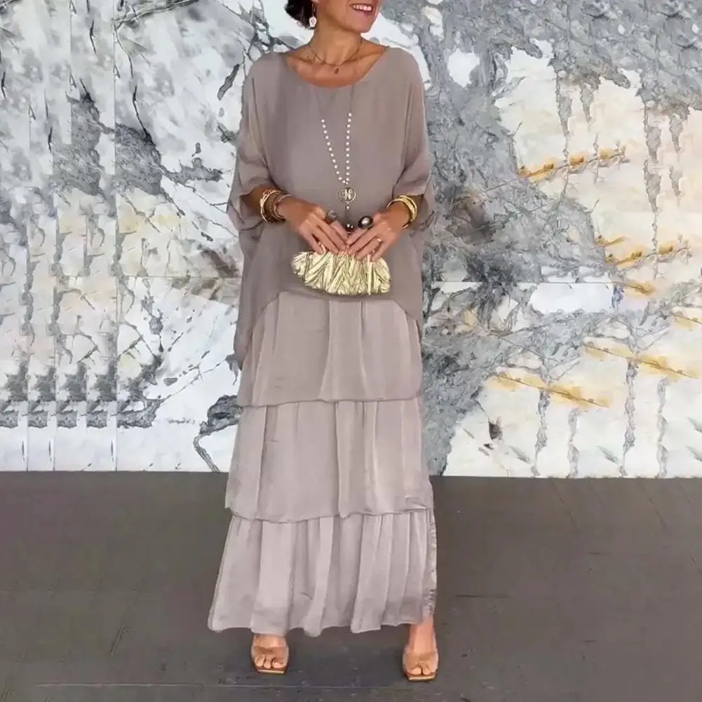 Vestido de chiffon de cor sólida vestido feminino de chiffon elegante em camadas vestido maxi de chiffon com mangas morcego para festa de formatura noite feminina