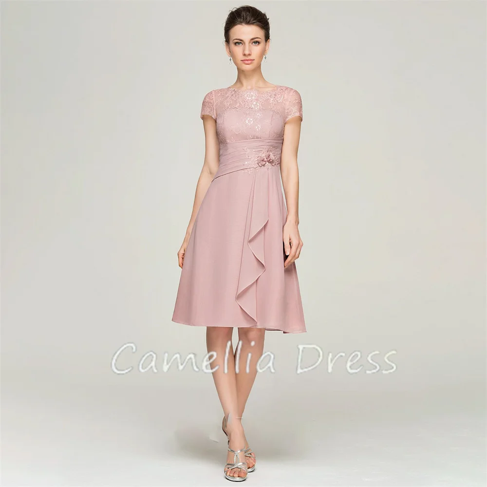 New Scoop Neck Mother Of The Bride Dress A-line Knee-Length Chiffon Formal Dresses Beading Vestidos Mae Da Noiva Casamentos