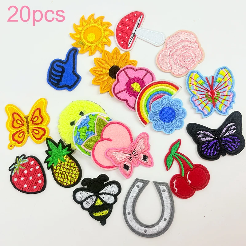 20pcs Insect Fruit Patches Stick on Cartoon Rainbow Sun Strawberry Stickers Patches for Jeans Clothes Bag  Accessories