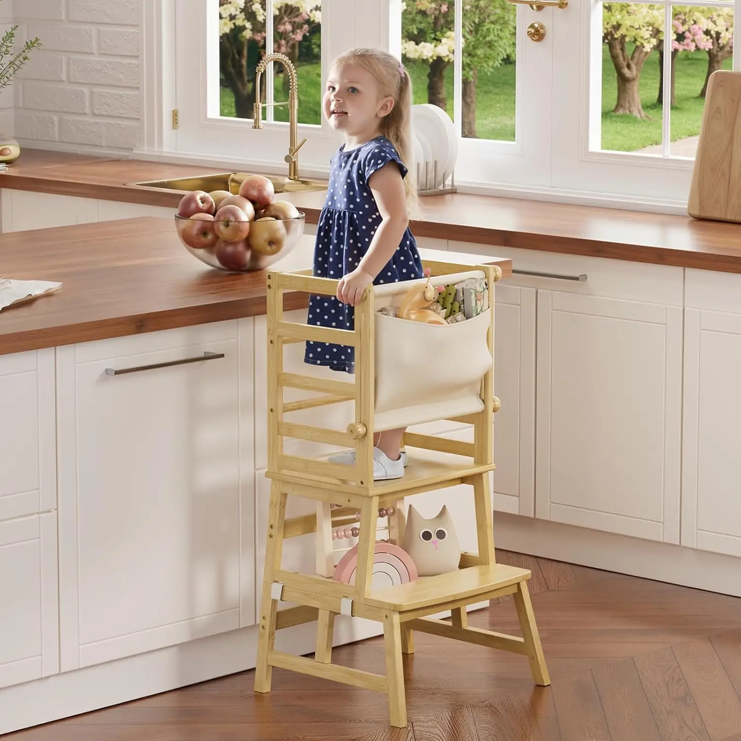 

Bamboo Toddler Step Stool with Safety Rail and Net, Anti-Tip Design for Kitchen and Bathroom Use