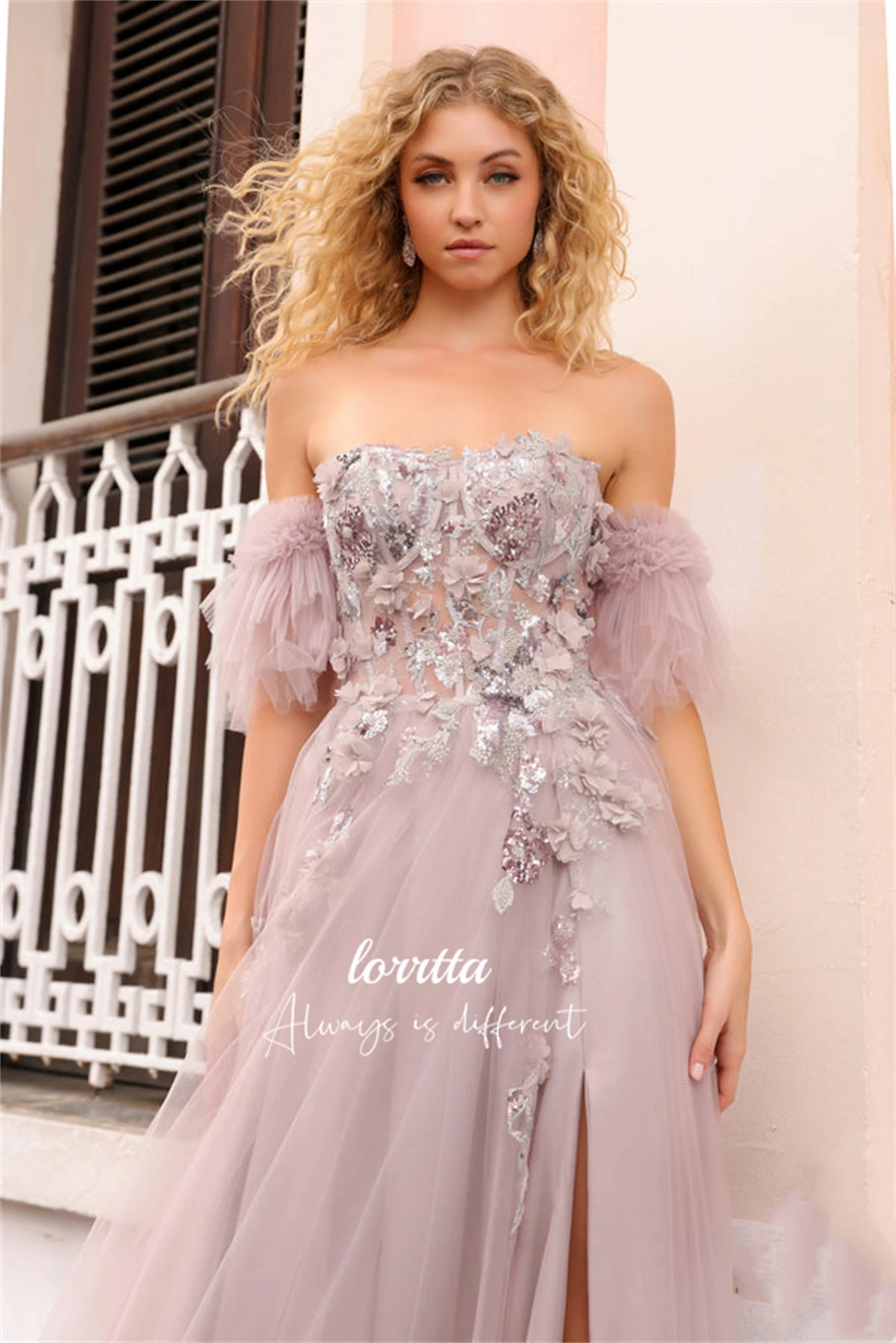 

Lorrtta Graduation Gown Slit Line A Ball Party Dress 3D Flower Decoration Mesh Luxury Dresses Sharon Happy Evening Birthday Gala