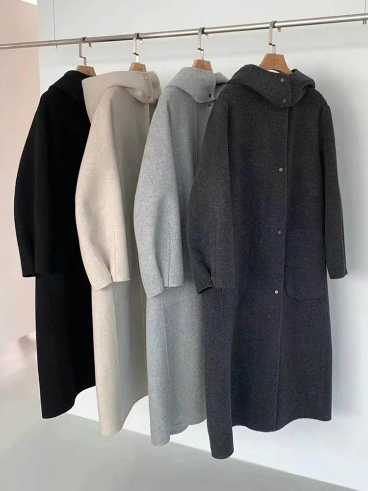 New Winter Women Double-sided 100% Wool Coat Long Hooded Casual Single Breasted Fashion Woolen Coats Thick Female Trend Autumn