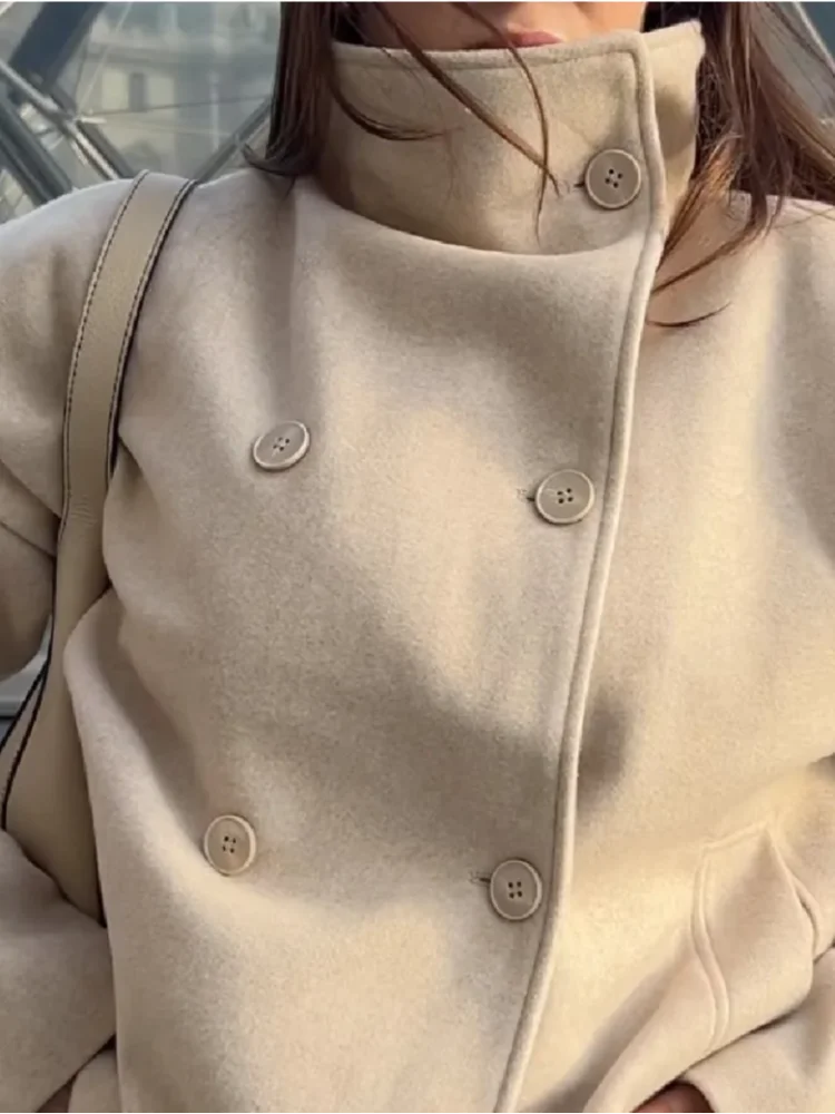Elegant Women's Coat High Stand Collar Full Sleeve Double Breasted Solid Female Coats 2025 Autumn Fashion High Street Lady Top
