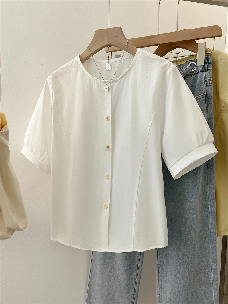 

Pure Cotton round Ne ort Sve irt Women's Summer New Sle Slimming Simple Design Basic Version Age-Defng Top