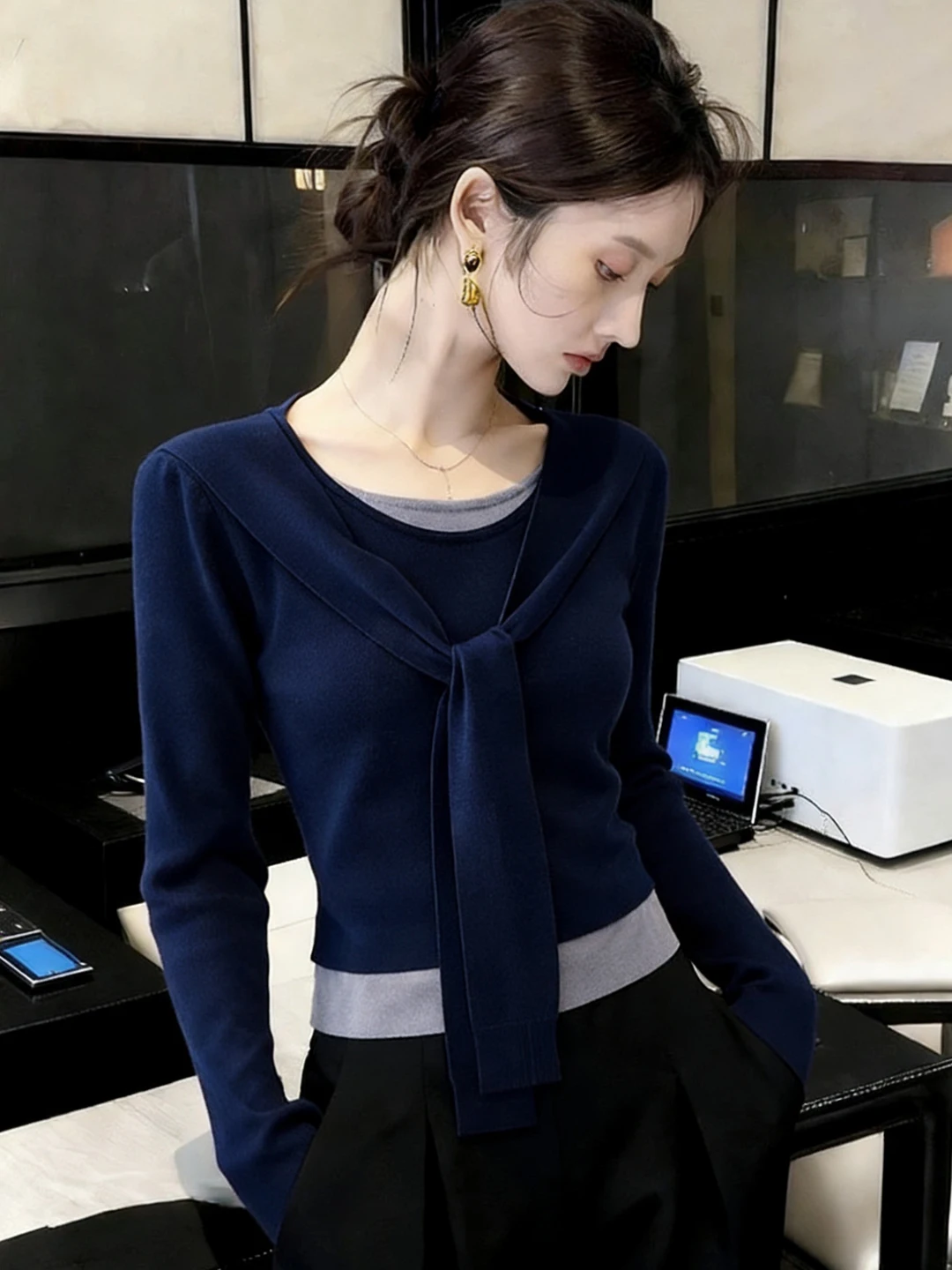 

Новый женский вязаный топ Ele k Blue с длинным рукавом, модный дизайн, весна 2026, мягкая и удобная женская одежда