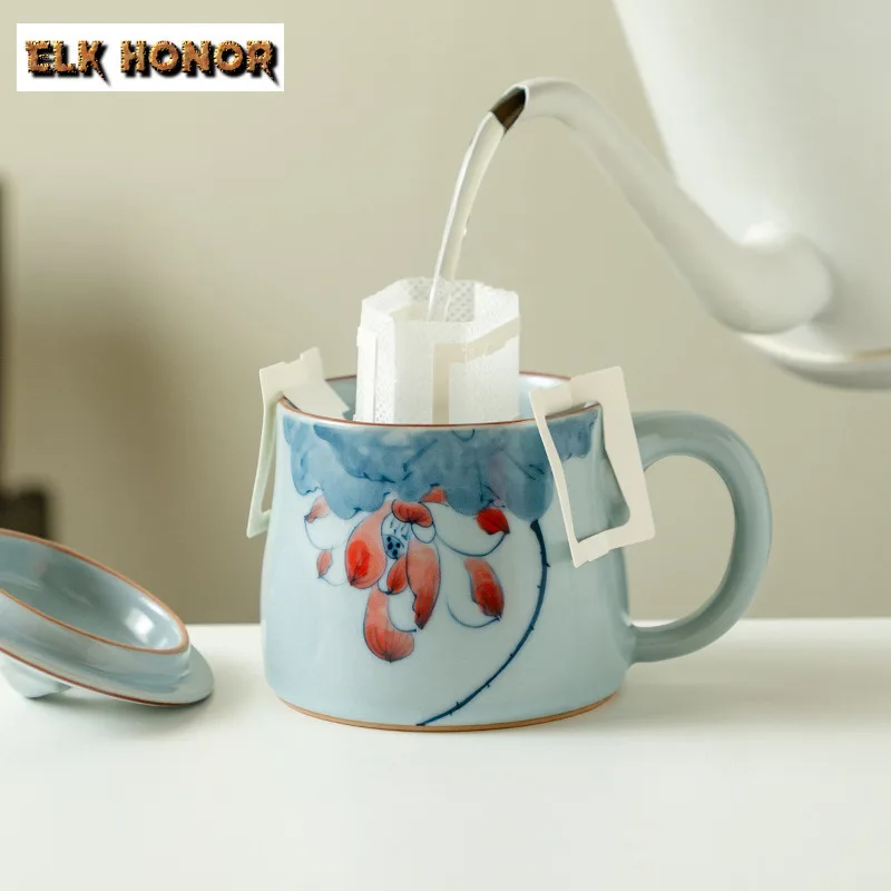 300ml Ru Kiln Pure Hand-painted Lotus Charm Coffee Mug Cappuccino Latte Cup Afternoon Tea Mug Master Office Water Cup Teaset