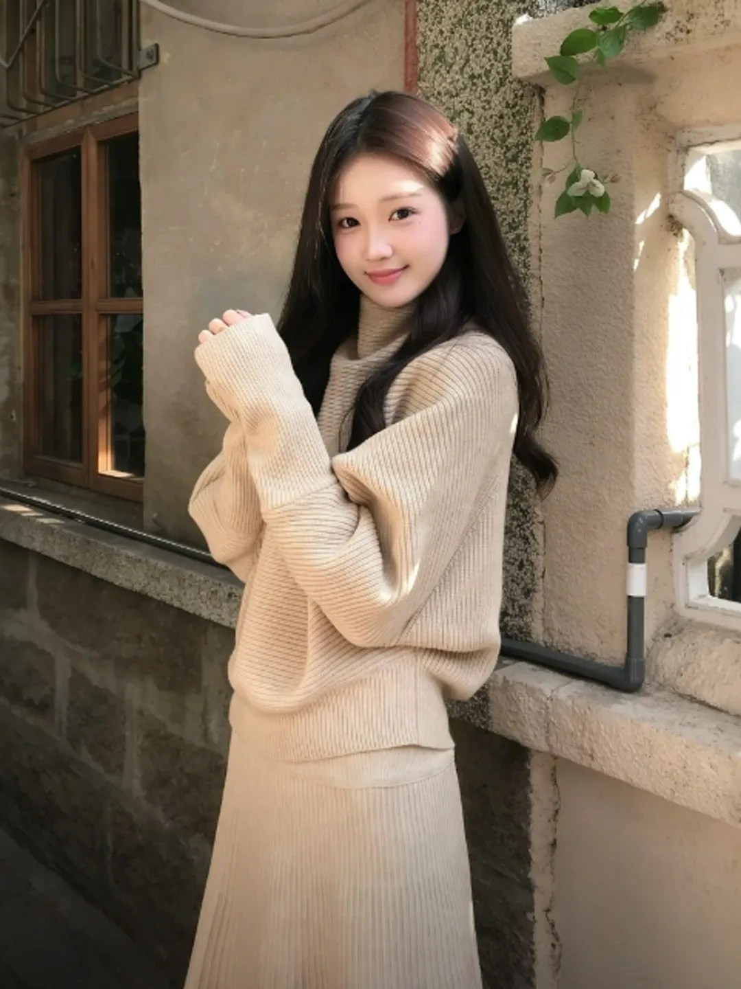 

Корейский комплект из вязаного топа с длинными рукавами и юбки, удобный дышащий весенний модный наряд для женщин