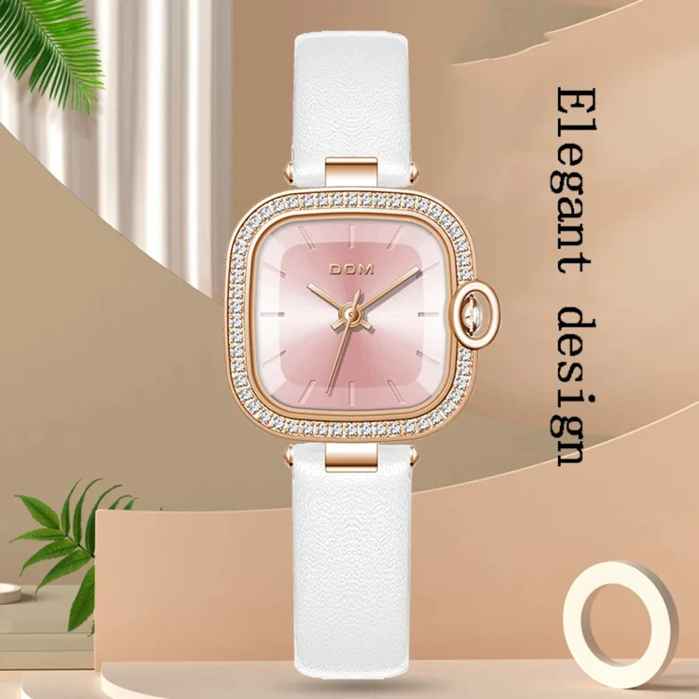 DOM New Square Simplicity Fashion Leather Brand Casual Women\'s Quartz Girl Pink Clockwise Waterproof Watch Souvenir Gift1371