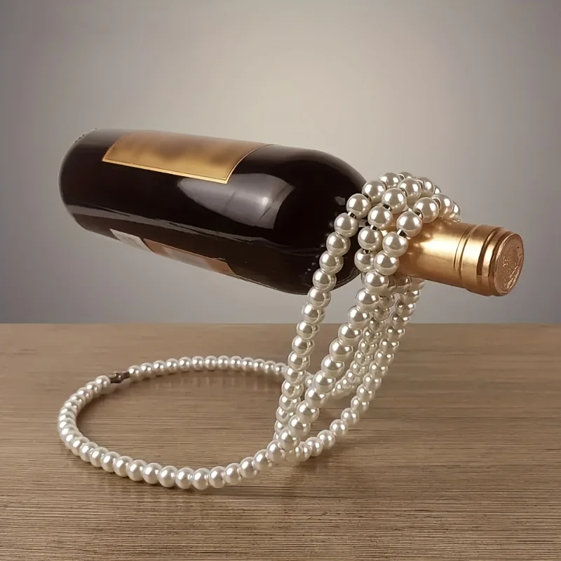 Floating Pearl Necklace Wine Bottle Holder Decorative Wine Rack Countertop Stand for Home Bar Kitchen Gift