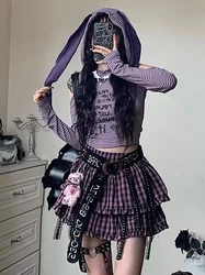 Qweek Y 2K Konijnenoren Grafische Crop T-Shirts Vrouwen Harajuku Kawaii Gestreepte Off Shoulder Capuchon Tops Esthetische Goth Schattige Lolita Tees