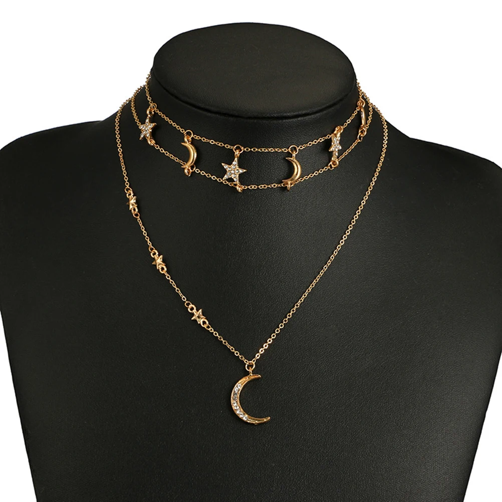 

Multi-layered Star Necklace Multiple Chain Inlaid Moon and Pendant Necklaces