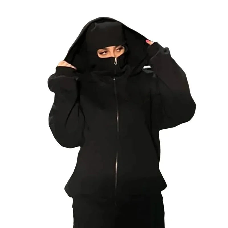 Men's face mask hoodie, windproof fleece-lined top, casual hoodie