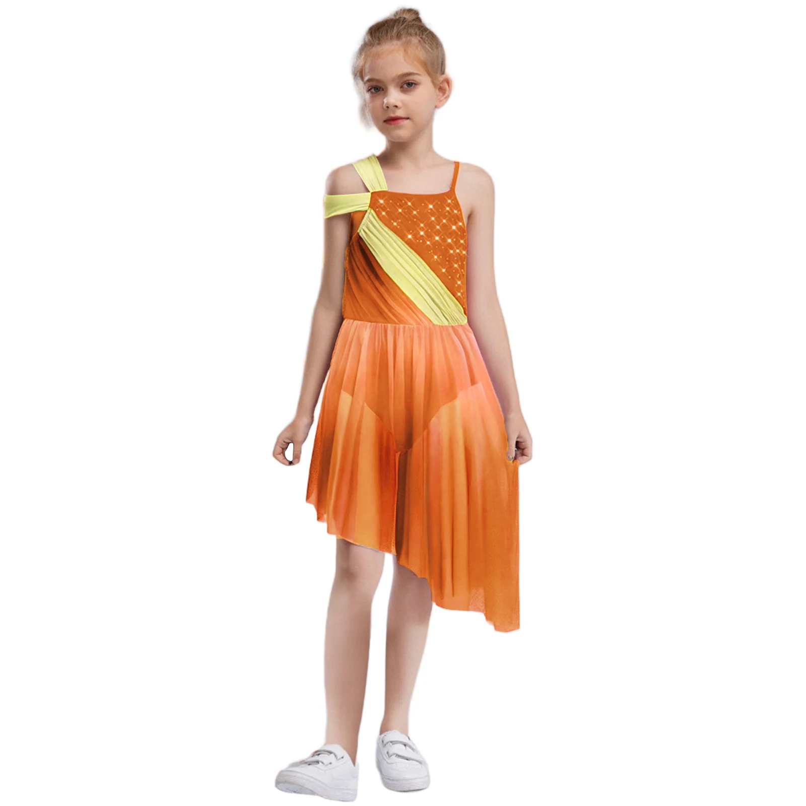 

Kids Girls Gradient Lyrical Dance Dress Shiny Rhinestones Sheer Mesh Asymmetrical Hem Dress for Figure Skating Modern Dancewear