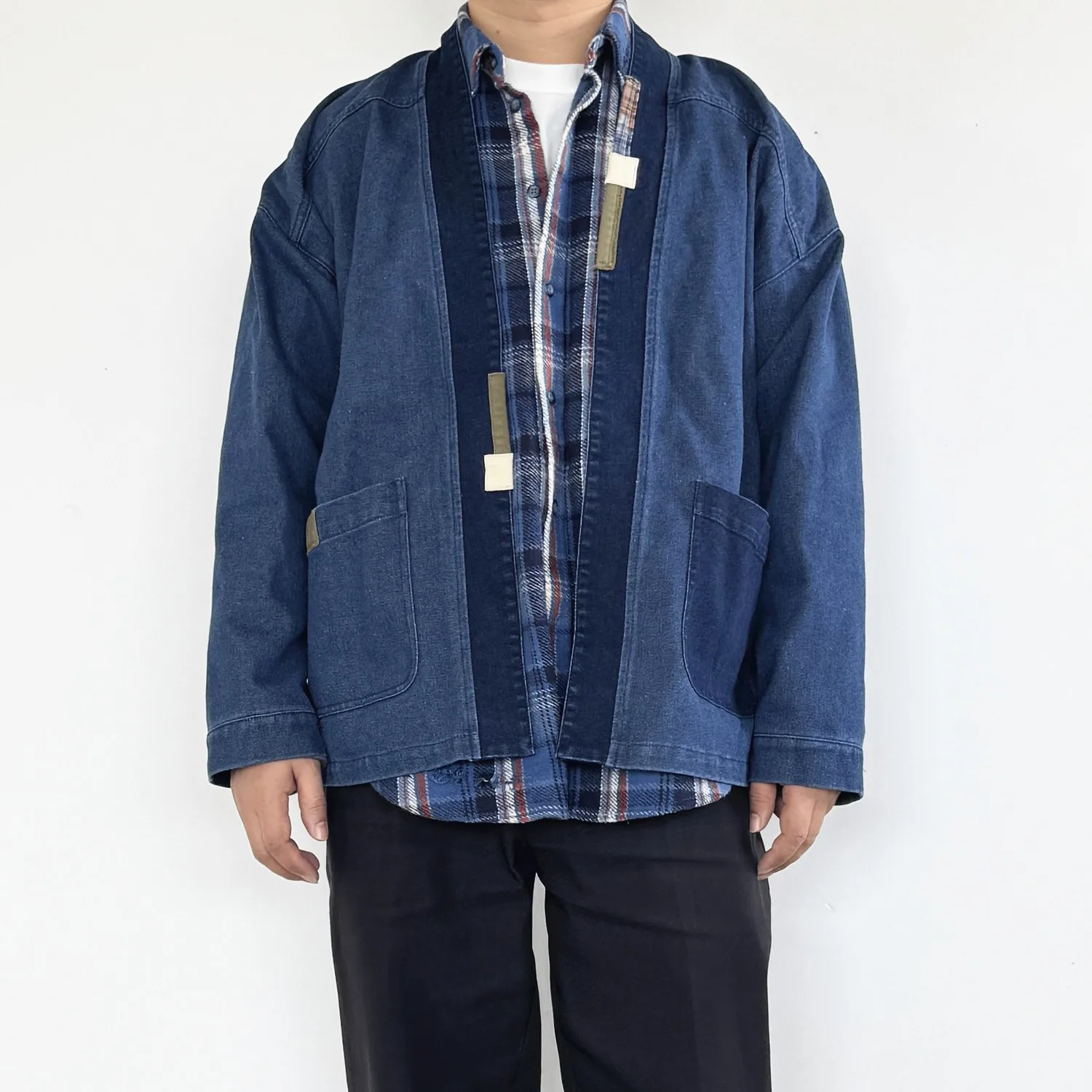 Retro Denim Jacket with Washed & Distressed Patches Multi-Pocket Workwear Cardigan Open-Front Kimono Style Unisex Streetwear