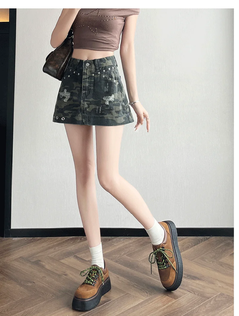 

Women's Camouflage Metal Buckle Wear Hot Girl Denim Skirt Y2k American Summer High Waist A-Line Anti-Exposure Hip-Cover Skirt