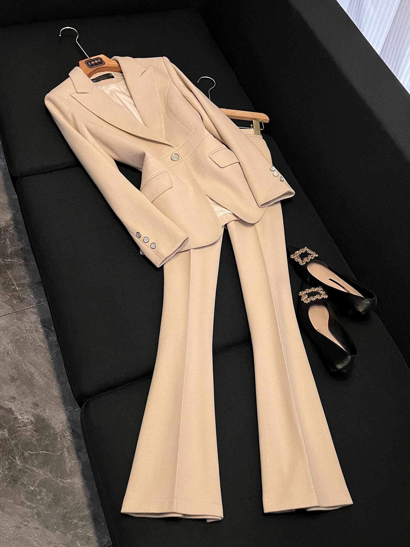 

2026 New Women's Simple Style Suit Set Spring Season Slim Fit Flared Pants Two Piece Set for Office P205 Workwear Uniform
