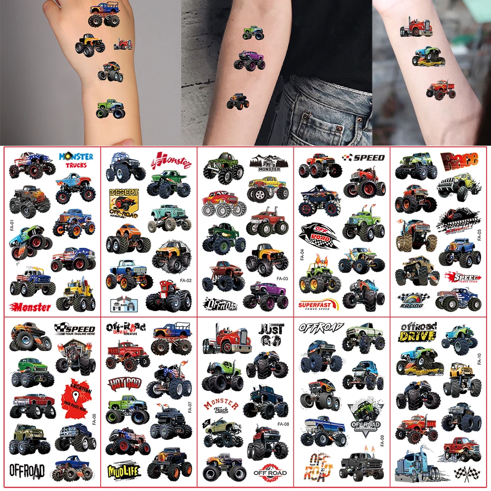 

10 Sheets Off-road Vehicle Truck Pattern Tattoo Stickers Waterproof Cartoon Fake Hand Tattoo Cute Temporary Tattoos Body Art