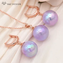 S&Z DESIGN New Fashion 585 Rose Gold Color Round Colorful Bead Drop Earrings Jewelry Sets For Women Wedding Pendant Necklace