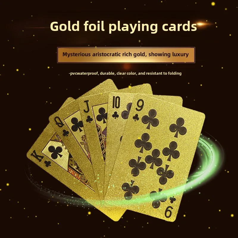 55pcs Golden Playing Entertain Cards Gold Foil Pokers Set Magic Cards 24K Gold Plastic Foil Pokers Durable Waterproof Cards