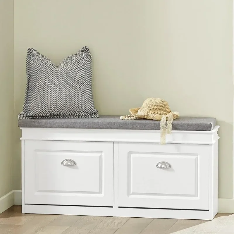 

For White Shoe Storage Bench with 2 Flip Drawers & Padded Seat Cushion, Modern Design Shoe Storage Hallway