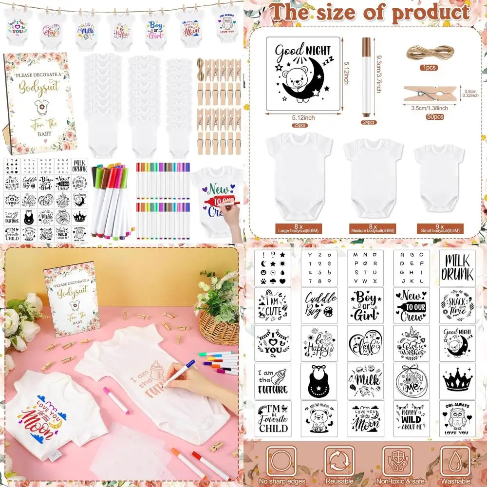

DIY Baby Shower Set: 126pcs with 25 Blank Bodysuits, 25 Bibs, 24 Stencils, 24 Markers, and 50 Floral Pins