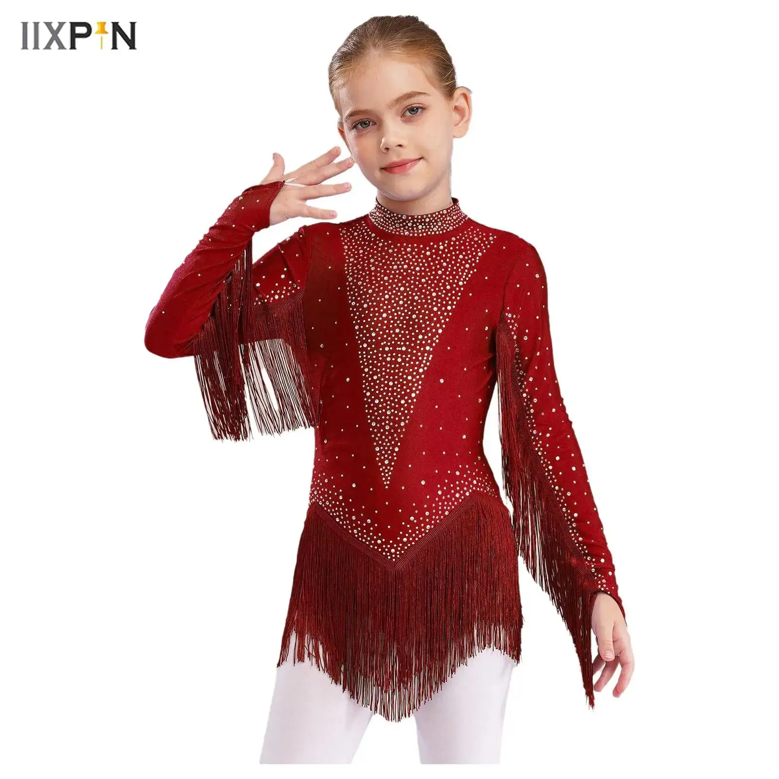 

Kids Girls Tassels Latin Dance Leotard Mock Neck Long Sleeve Cutout Back Sparkling Rhinestones Fringe Skirted Bodysuit Cha-Cha